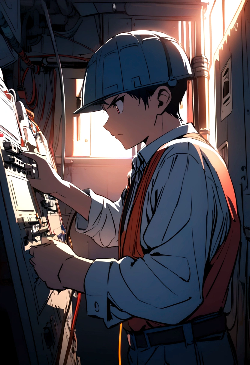 anime electrician, concentrated, Restore a complex electrical panel.