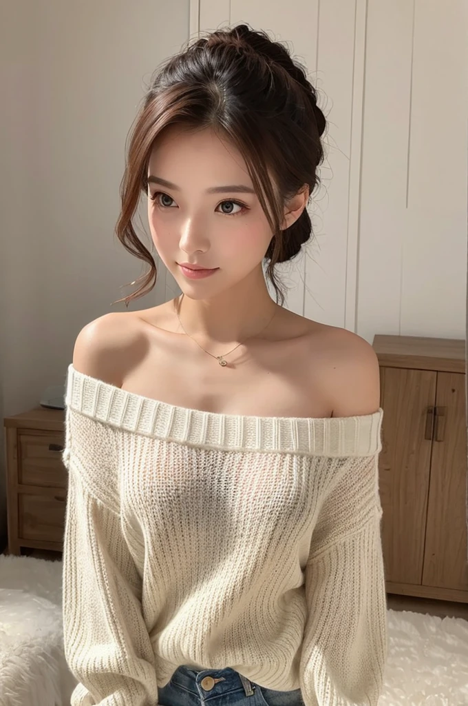 ((Highest quality)), ((masterpiece)), (detailed), One girl, Off-the-shoulder sweater, 