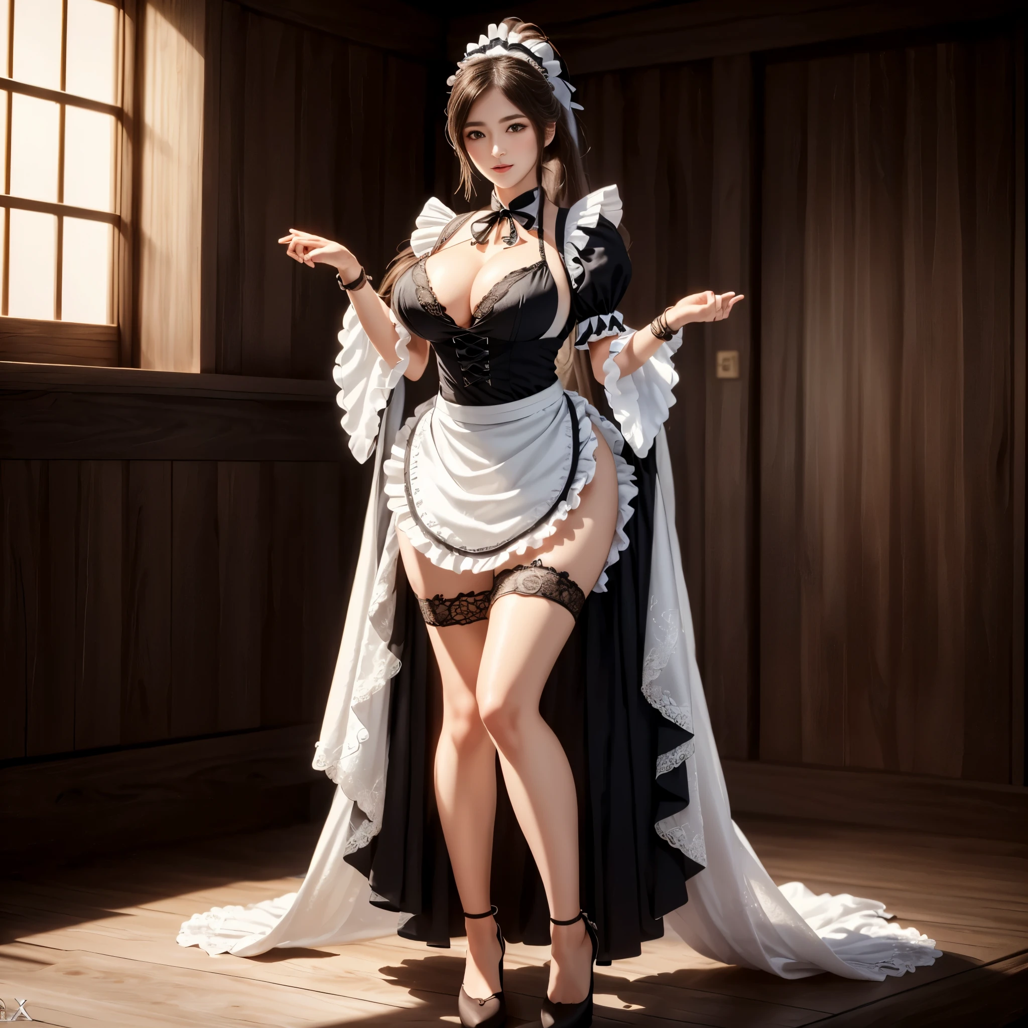 Adult women, Solitary,  Weaving, twin Weavings, breast, High Ponytail, large breast, (Long hair),  (Grayfia Lucifuge dxd),
Wrist sleeves, apron, Ribbon, Puff sleeves,maid, maid headdress, Long skirt,
standing Sexy, Sexy, fit, Plump buttocks, Expression, Long legs, Extremely excited, 
(masterpiece:1.2), (Intricate details:1.2), (best quality:1.1), (Extremely detailed), (8K, 4K), (Practical:1.6), ((full-body shot:1.5)), (Very detailed:1.2), (Delicate face:1.2), (Delicate eyes:1.2), (Detailed background), (Dynamic poses:1.4), Obvious feminine features, beautiful,
