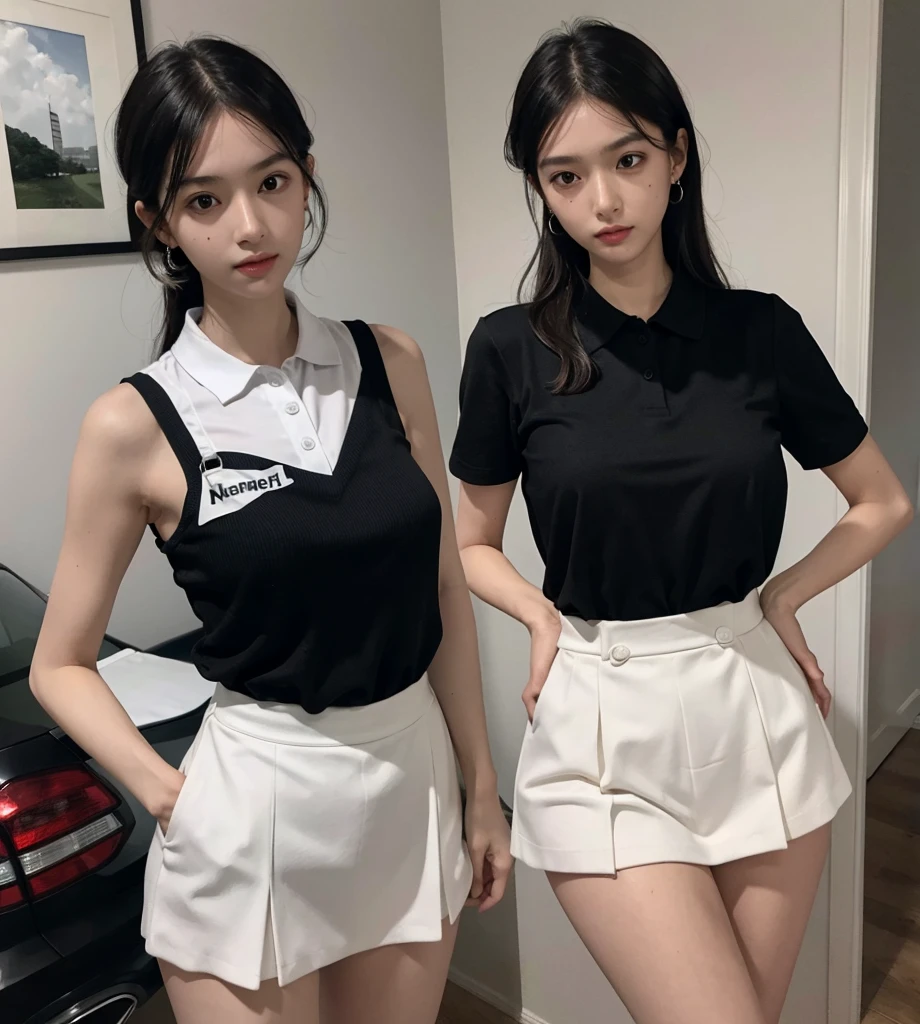 absurdres, RAW photo, extremely delicate and beautiful, masterpiece, Best Quality, ultra high resolution, 32k, hyperrealistic, ultra-detailed, perfect anatomy, super Detailed skin, perfect figure, in her 20s, very Slim body, narrow waist, very small head, very small face, delicate facial features, tearful mole, earring, thin legs, ((very huge round breasts)), full body shot, medium hair, black hair, ((golf_uniform)),