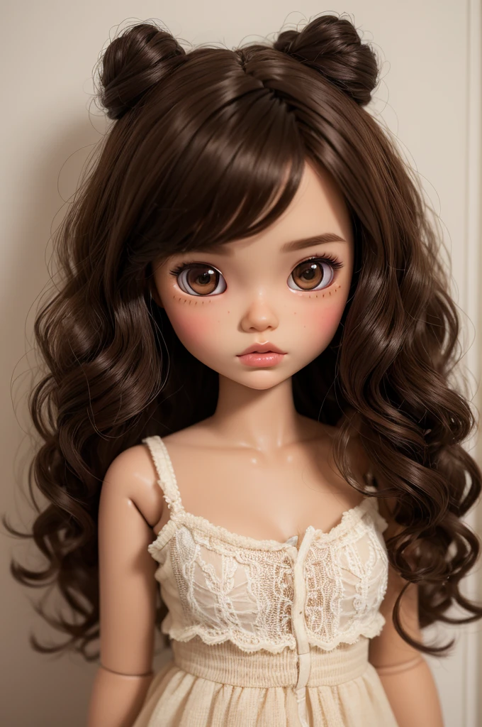 create a blythe doll with dark, curly hair, brown skin and brown eyes