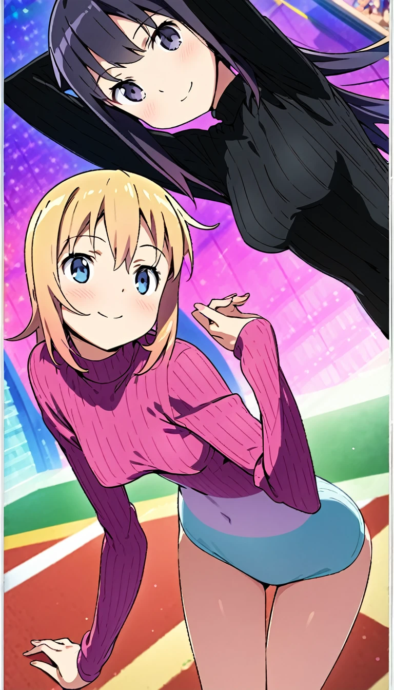 highquality illustration, masterpiece, very delicate and beautiful, attractive girl,(colorful leotard, heattech leotard,tight leotard,long_sleeve leotard,ribbed leotard,high_leg leotard,turtleneck leotard), thin,slender body,slim,gymnastics club,2 girls,gymnastics athlete,bare legs,gymnasium background,beautiful eyes, light smile,(masterpiece, best quality:1.2), highres, extremely detailed CG unity 8k wallpaper, perfect lighting, Colourful, ultra-high res,4K,ultra-detailed, photography, 8K, HDR, 17 ages,