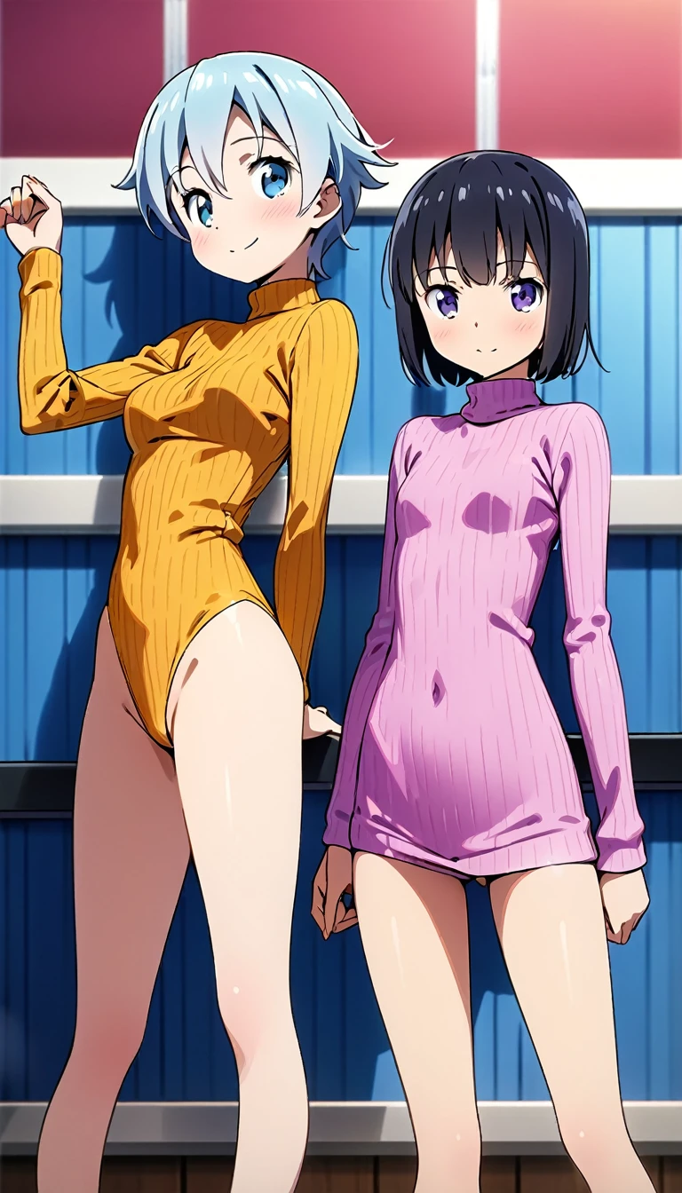 highquality illustration, masterpiece, very delicate and beautiful, attractive girl,(colorful leotard, heattech leotard,tight leotard,long_sleeve leotard,ribbed leotard,high_leg leotard,turtleneck leotard), thin,slender body,slim,gymnastics club,2 girls,gymnastics athlete,bare legs,gymnasium background,beautiful eyes, light smile,(masterpiece, best quality:1.2), highres, extremely detailed CG unity 8k wallpaper, perfect lighting, Colourful, ultra-high res,4K,ultra-detailed, photography, 8K, HDR, 17 ages,