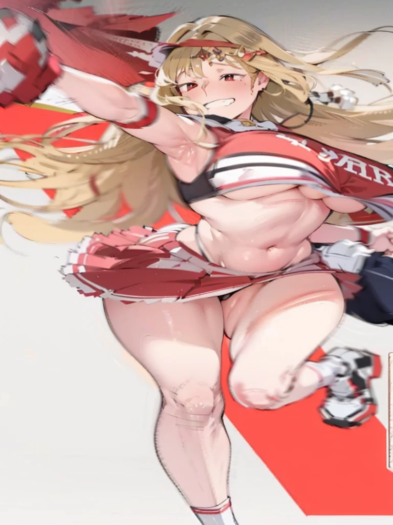 Clay, From Goddness of Victory, Woman, girl, young, beautiful, cheerleader, wide, red skirt, thong stick out, beautiful red eyes, blonde hair, thin, curved, big breasts, perfect anatomy, bare belly, red bra, 