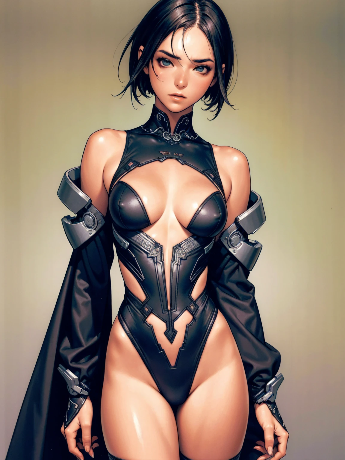 (((Annie Lennox))), (((Dark blue))), (scars), (((Bandaged body))), ((hooded cloak)), (((Quorra))), (((best qualityer: 1.4))), (Unbeatable masterpiece), (hiper HD),(CG 8k hyper-realistic), (((brave face))), (((breasts big))), (((hyper feminine))), sexly girl, Tron,(black bob hair)), ((( sculptural body ))), (((1 Kizi))), Kizi cibernética de 25 anos com perfectbody,,Beautiful and well-groomed face,muscular body:1.2,solid color detailed jacket, (Head to thigh photos), Complex equipment, green dark,long pants,Tight clothes are dark,With white stars and off-white stripes,,,,,Armor Metal Electronic Parts, Poison tattoos ) INFO, Kizi, (((standing alone))), pirralha violent, ((())), sexly, pose de atitude, work of art, post-apocalypse, (((manga style))), bounty hunter, violent, Manic, the way you want, slenderbody, thin but strong, perfectbody, roupa moderna, advanced technology, neon, sleeves with vertical striped pattern, neutral background, (( cowboy shot )). intricate visual