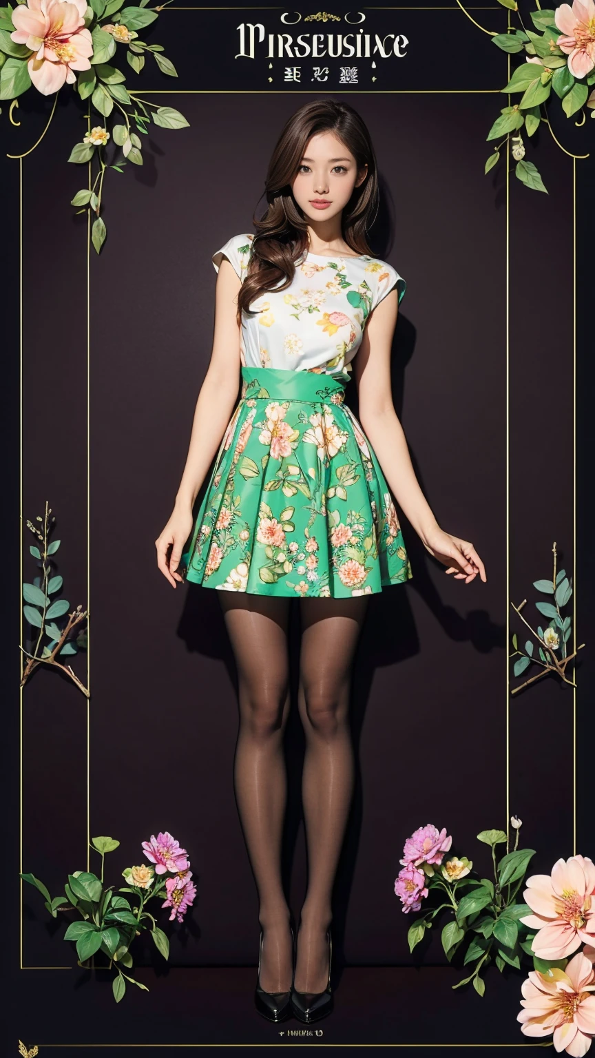 ((masterpiece)),(((Highest quality))),((Character design sheet)),Thin thighs,Long legs,whole body:1.5,(One Girl:1.3),(Black pantyhose and thick pointy heels:1.3),(Wearing a floral and plant patterned mini skirt dress:1.2),Short blonde:1.2、Model pose,Floral and botanical background:1.5,