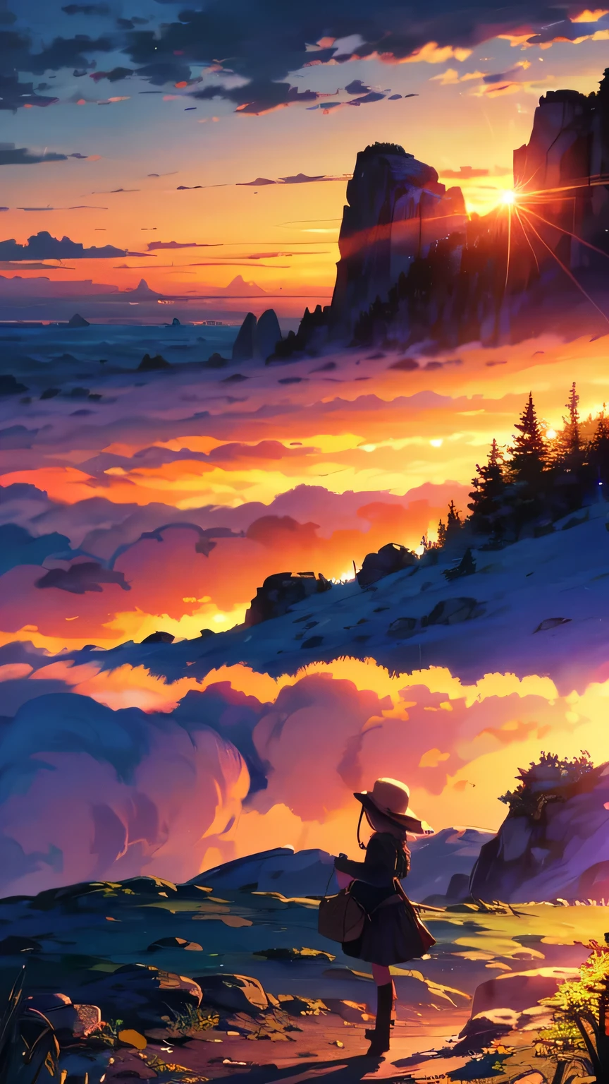 "Enchanting sunset moment with a girl enchanted by the magnificent golden sunlight and swirling clouds, evoke a sense of awe and vibrant colors. masterpiece."