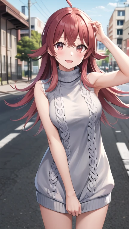 masterpiece, best quality, highres, aakaho, long hair, ahoge, turtleneck sweater, virgin killer sweater, standing, street, cowboy shot, sleeveless, sweater dress,