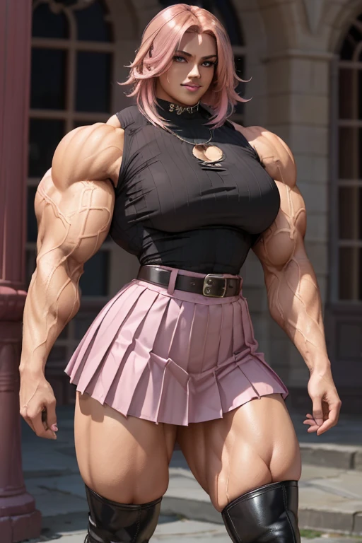 ((((Massive tall, beautiful, buff, light brown skinned muscular woman with shocking pink hair, black lipstick, ginormous bulky muscles and wearing a pink pleated shirt with beautiful long pleated skirt)))), (close view), (massive muscles), angled bob cut, ((chained belt)), red eyes, choker, ((pink pleated shirt and tie)), neck tie, ((beautiful long pleated skirt)), belt, thigh high socks, black boots, (in Hogwarts), closed smile, night, massive muscles