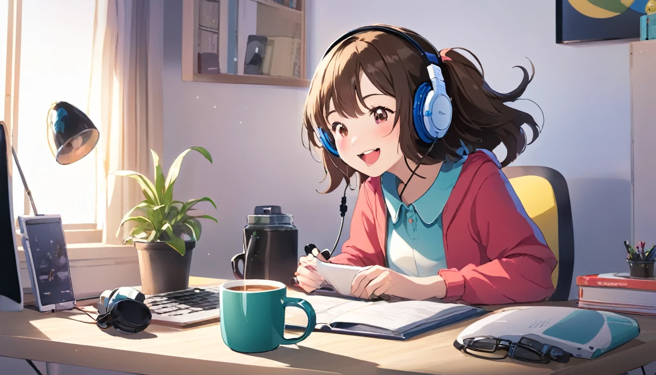 A girl having fun wearing bedphones、Computer and mug on the desk