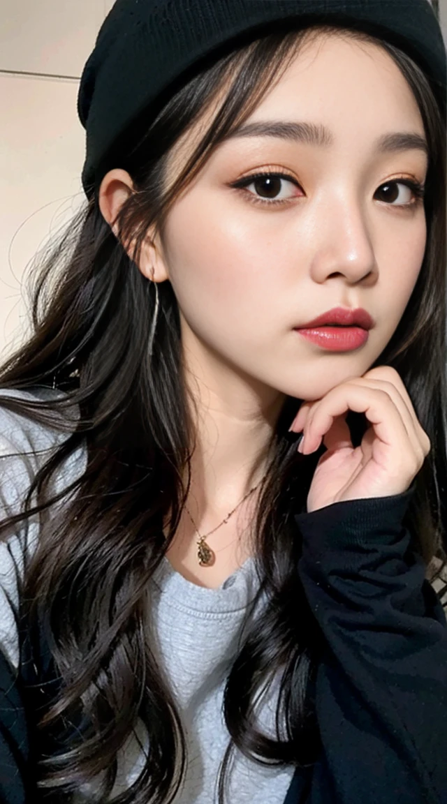 1girl, solo, long hair, black hair, written clothes, brown eyes, looking at the viewer, beanie, lips, upper body, closed mouth, shirt, earrings, https://i.postimg.cc/tCDfNDvp/Screenshot-20230606-212445.png