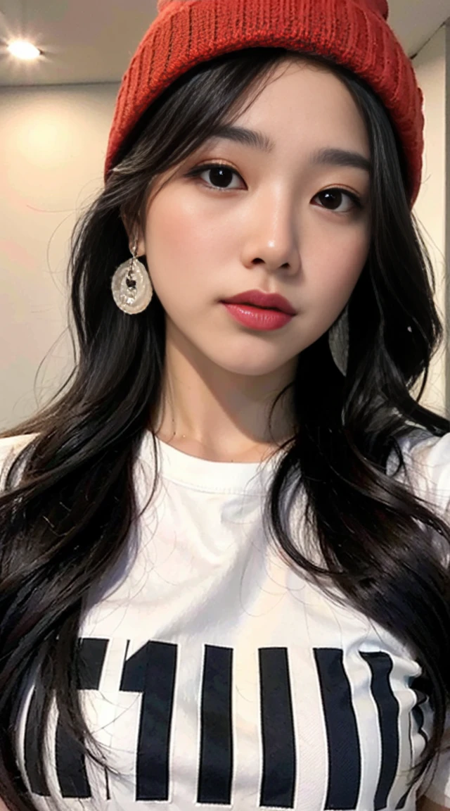 1girl, solo, long hair, black hair, written clothes, brown eyes, looking at the viewer, beanie, lips, upper body, closed mouth, shirt, earrings, https://i.postimg.cc/tCDfNDvp/Screenshot-20230606-212445.png