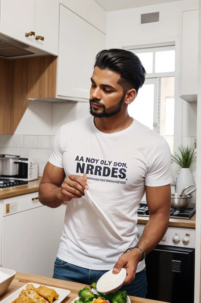 A man preparing food in kitchen weared a white t shirt labeled ' Say No To ?????'