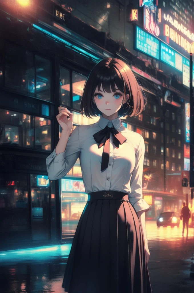 (8K, Highest quality, masterpiece: 1.2), Super detailed, Highest quality, Ultra-high resolution, Professional Lighting, Photon Mapping, Radio City, Physically Based Rendering, Cinema Lighting, Depth of written boundary, focus on, Light of the sun, Good composition, (Bokeh: 1.2), 1 Girl, (whole body), smile, Beautiful Eyes, Pause, narrow, Brown Hair, short hair, Prairie Blouse Light Blue, skirt,garden,hand {refer tos} cute {refer to} hand,