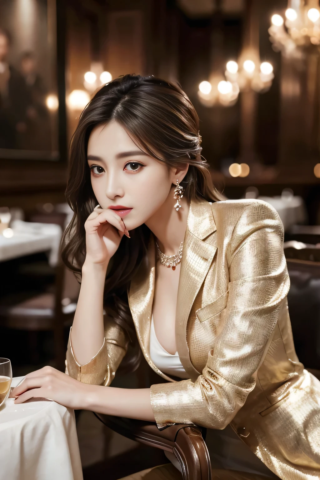 masterpiece, Highest quality, Realistic, Very detailed, Finer details, High resolution, 8k wallpaper, One beautiful woman, Wear a nice suit, In a great restaurant, At night, Light brown messy hair, Perfect dynamic composition, Beautiful and beautiful eyes、Big earrings、Sit on a chair、