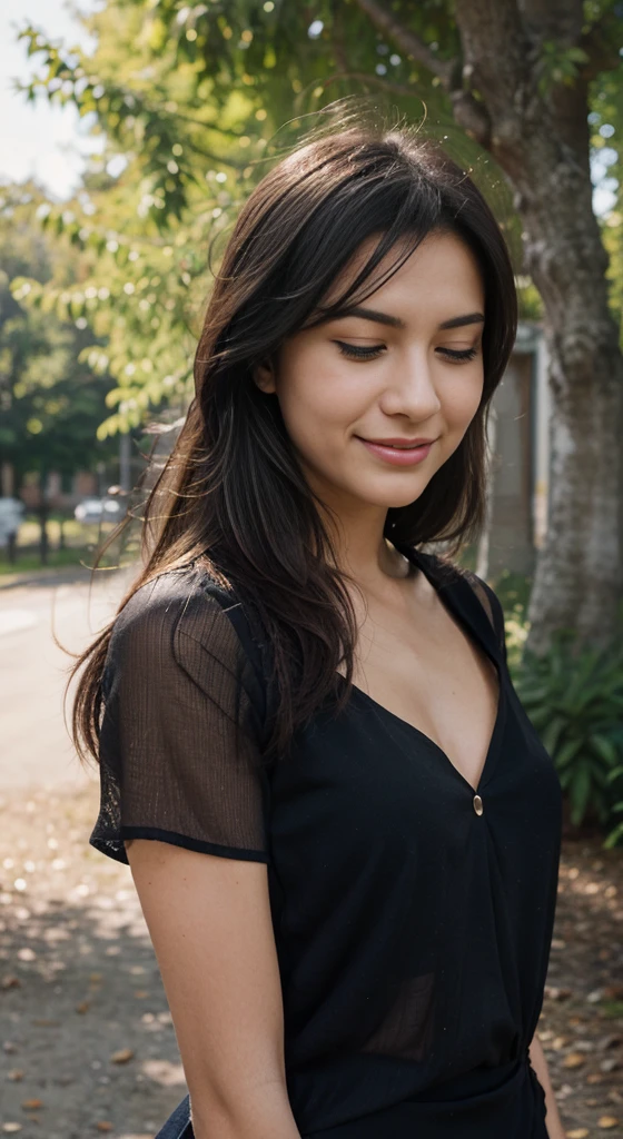 . Brune Amérindienne. Style realiste. Image détaillée.Create an image of a 22-year-old woman with fair skin, straight black hair, brown eyes, and a friendly expression. She is wearing a black blouse, In a place surrounded by trees, she wears a red blouse, her face adorned with a smiling expression and semi-closed eyes, her hair flying in the wind.