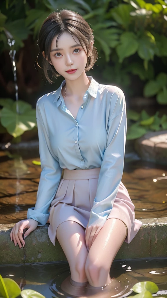 Woman in playing with water in backyard, ((fully clothed)), hippie fashion, tight long sleeved buttoned shirt, skirt, jewelry, beads, closeup fantasy with water magic, housewife, short tinted hair in a bob, slim stature, bright sunshine, summery palette, playful, gentle smile, clothes made of water, photorealistic, dripping wet, beautiful realistic photo, hyperrealistic fantasy photo,  close up, narrow depth of field, 8k, ((drenched)), ((soaked)), (dripping water), dripping oil, heavy clothes, soaked in oil, medium breasts, lawn, wet all over, wet dripping hair, varied poses, in a pond