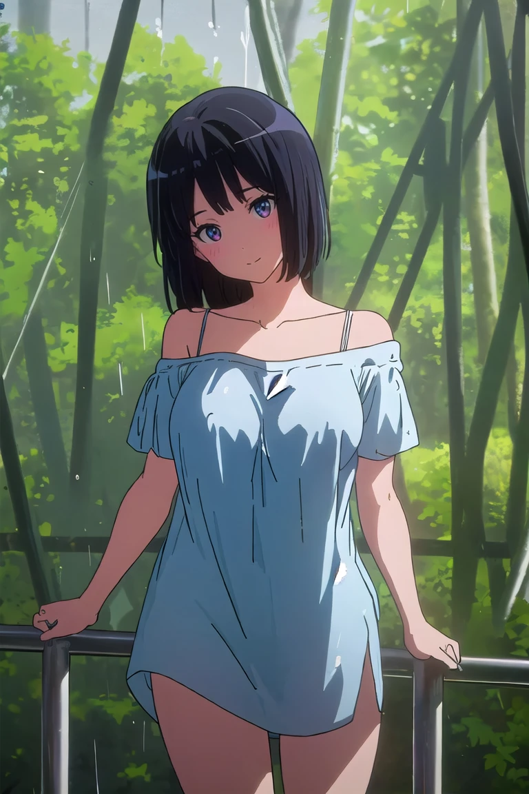 masterpiece, best quality, outdoors, field, grass, forest, rain, water drop, 1girl, solo, looking at viewer, cowboy shot, leaning forward, head tilt, shirt, blue shirt, collarbone, short sleeves, t-shirt, off shoulder, oversized shirt, naked shirt, oversized clothes, see-through silhouette, see-through shirt, large breasts, covered nipples, 