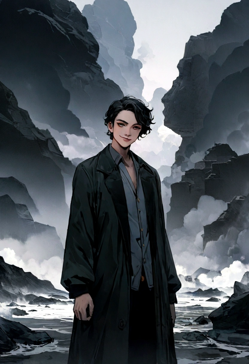 (8K), (best qualityer: 1.2), (realisitic), (fotorrealisitic: 1.37), ultra high definition, 1 Japanese anime solo leveling, ironic smile, with black smoke around ,man male character