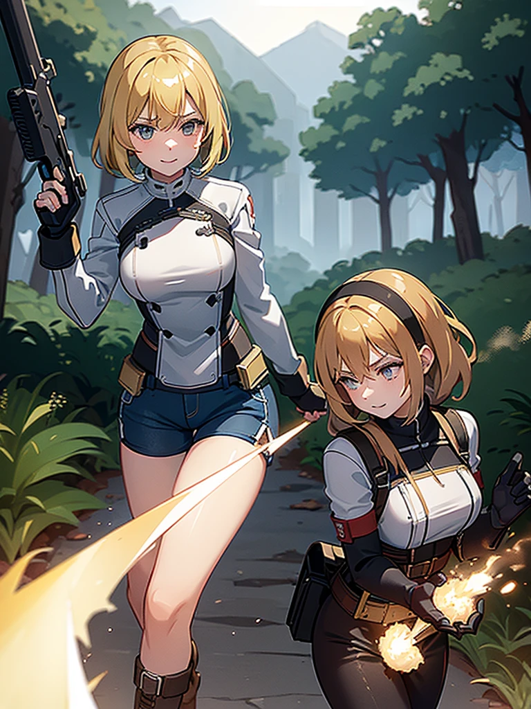 ((((work of art)))), Cao Cao quality, lots_Cao Cao_resolution, big fit ass_file size, full color, steam punk featuring a futuristic planet,, in a distant forest, bustling alien markets, and an off-road bike. The protagonist is a stunning girl in the upper body, 1 person, blonde, 小柄, bob, silver smile, mechanized weapons. wearing a white blouse, distressed denim shorts, engineer boots, and riding an off-road bike. Beauthfull,