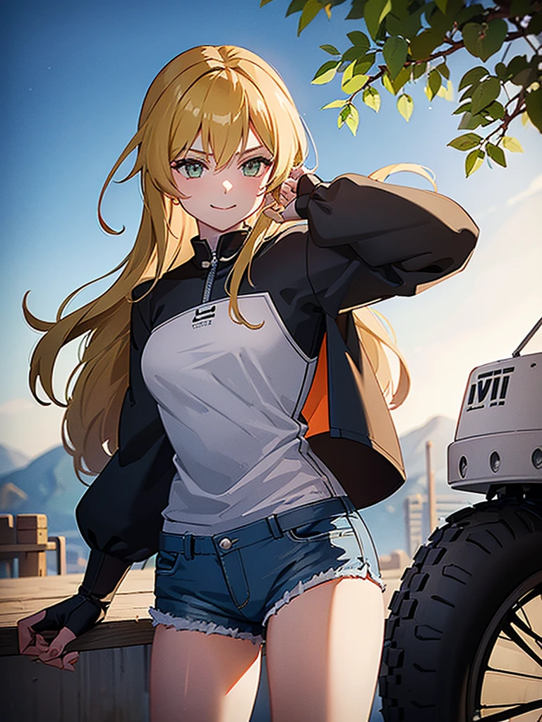 ((((work of art)))), Cao Cao quality, lots_Cao Cao_resolution, big fit ass_file size, full color, steam punk featuring a futuristic planet,, in a distant forest, bustling alien markets, and an off-road bike. The protagonist is a stunning girl in the upper body, 1 person, blonde, 小柄, bob, silver smile, mechanized weapons. wearing a white blouse, distressed denim shorts, engineer boots, and riding an off-road bike.  Beauthfull,