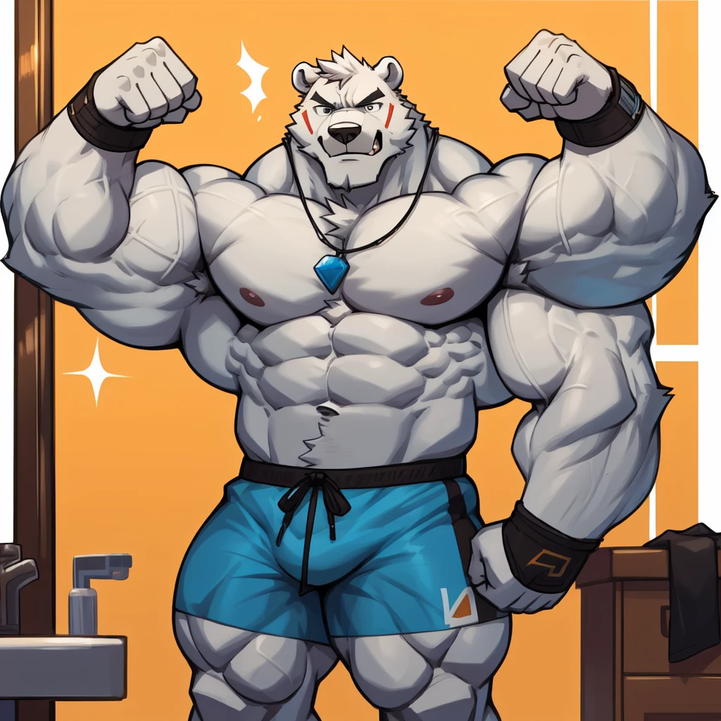 Huge muscular thick white Polar Bear bodybuilder huge white arctic fur shirtless in blue gym shorts and wristbands flexing, grunting and posing his chests at the mirror looking at his muscles really really pumped up hardcore.
