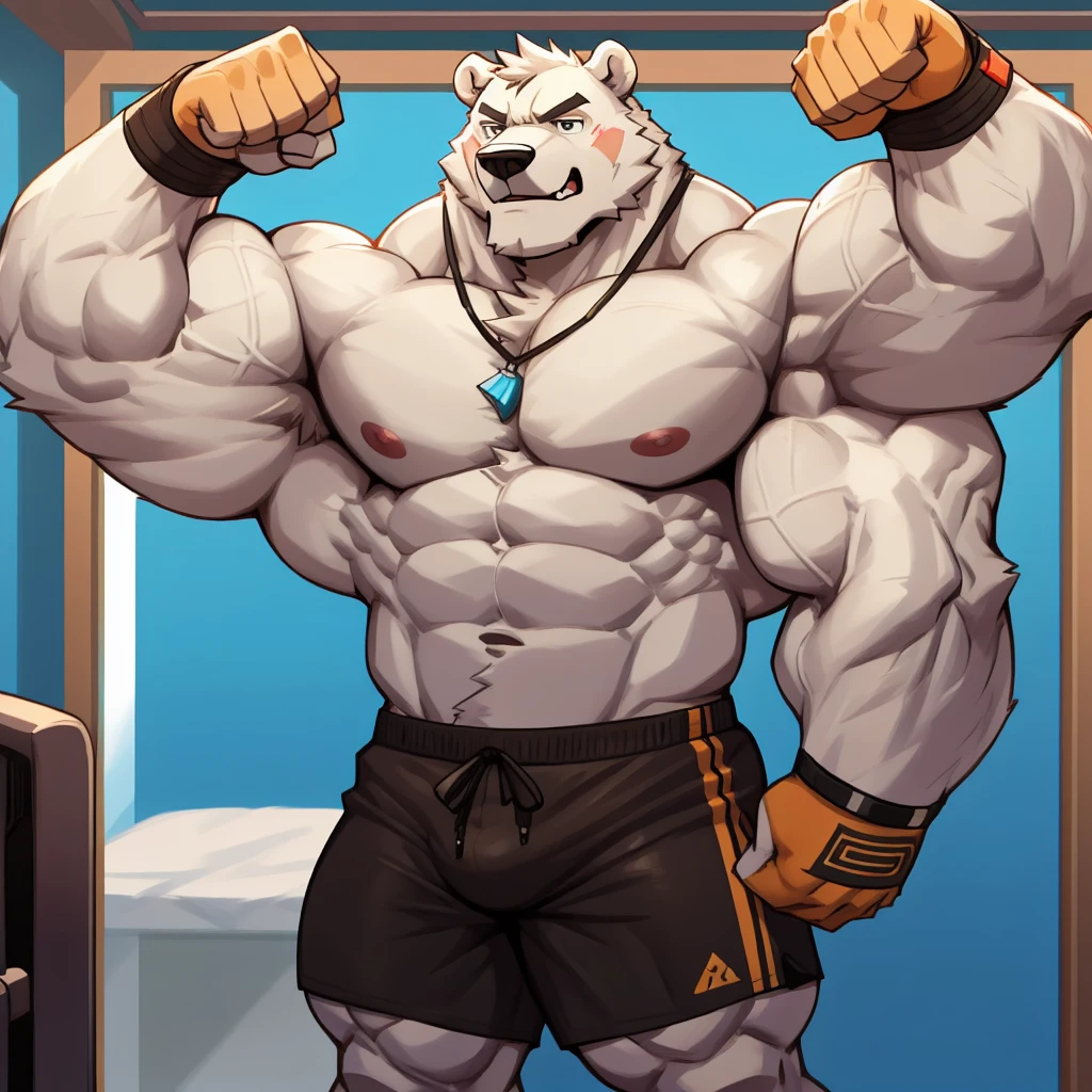 Huge muscular thick white Polar Bear bodybuilder huge white arctic fur shirtless in blue gym shorts and wristbands flexing, grunting and posing his chests at the mirror looking at his muscles really really pumped up hardcore.