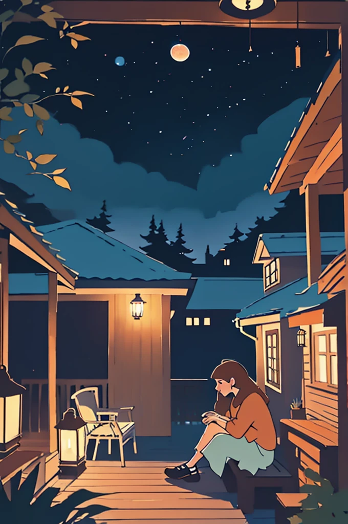 a girl sitting on a porch with a fox, with a view of the night sky