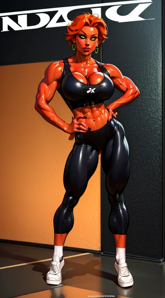 Work of art, best quality, in the PIT-Erotic style, 1 girl alone, looking at the viewer, short hair, navel, cleavage, jewelry, underwear, green eyes, standing, panties, full body, blue eyes, earrings , shoe, socks, belly, pants, nail polish, orange hair, hand on hip, muscular, high leg, Abdomen, white sneakers, muscular female, high leg panties, yoga pants fit body, muscular, silly, big lips, small waist, huge chest, very big ass, perfect hands, comic panel, Disney 2d stylized realism style, oil painting