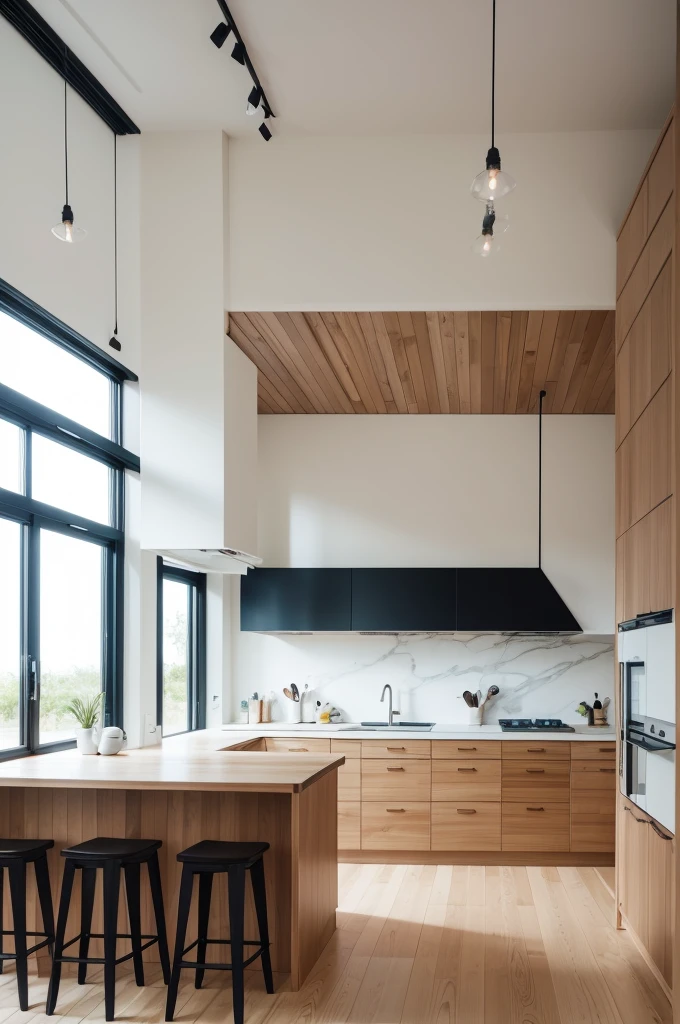 Create a modern kitchen, with island and benches in Scandinavian and beach style