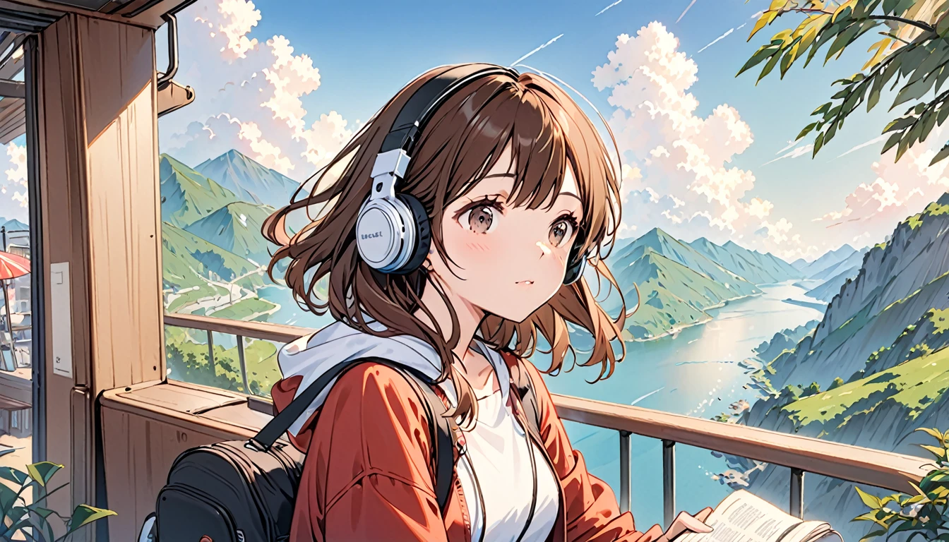 Brown-haired girl wearing headphones,Traveling,One girl,relax