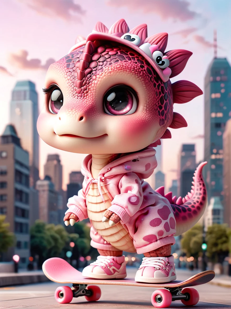 A girl dressed in a pink dinosaur costume, Pink sneakers, strike a playful pose, Standing on a skateboard, Pink Eyes, proudly, Cartoon Style, full-body shot, City skyline background, Created with C4D and Blender, Blind box toy styles, Super Detail, Anatomically correct, masterpiece, precise