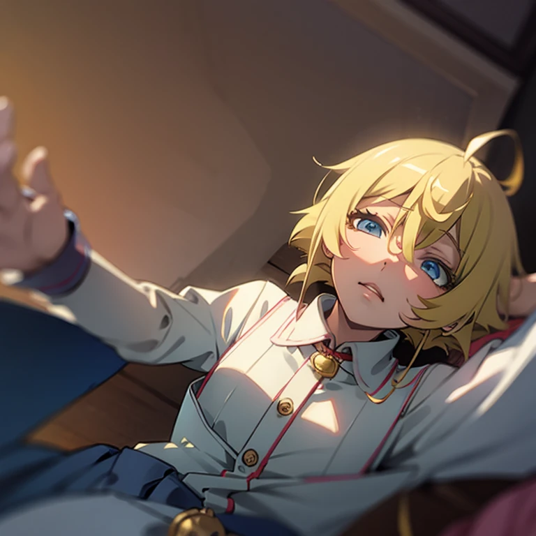 Anime character lying on bed with blue eyes and blonde hair, Anime drawing inspired by Yoshio Markino, Trending on pixiv, mingei, In the anime movie, Screenshot of the anime movie, Anime girl crouching, A shot from the anime movie, It is still an iconic anime today, The anime image is fixed, Screenshot from the anime Goro, Still from TV animation