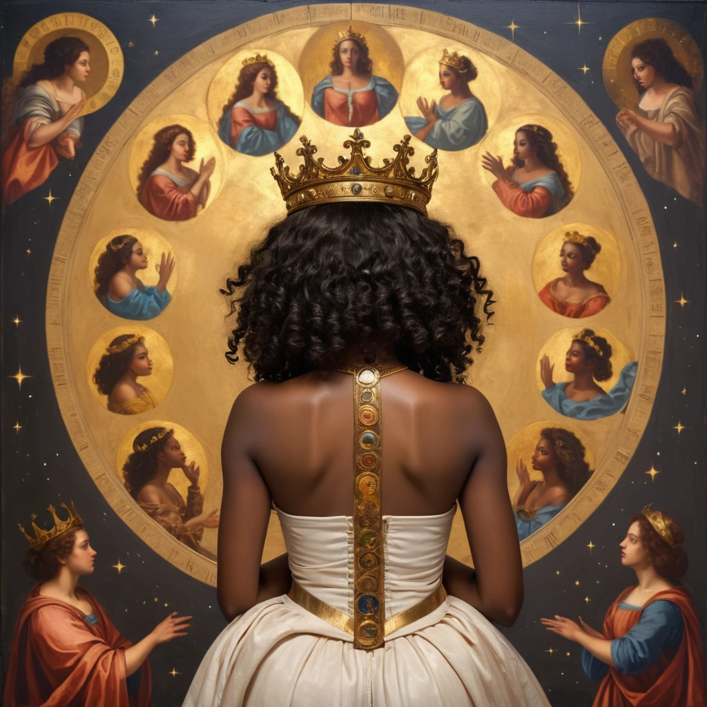 Young black woman from the back, curled hair, being crowned . She looks and beholds the golden heavenly realms, with astrology elements, renaissance painting.