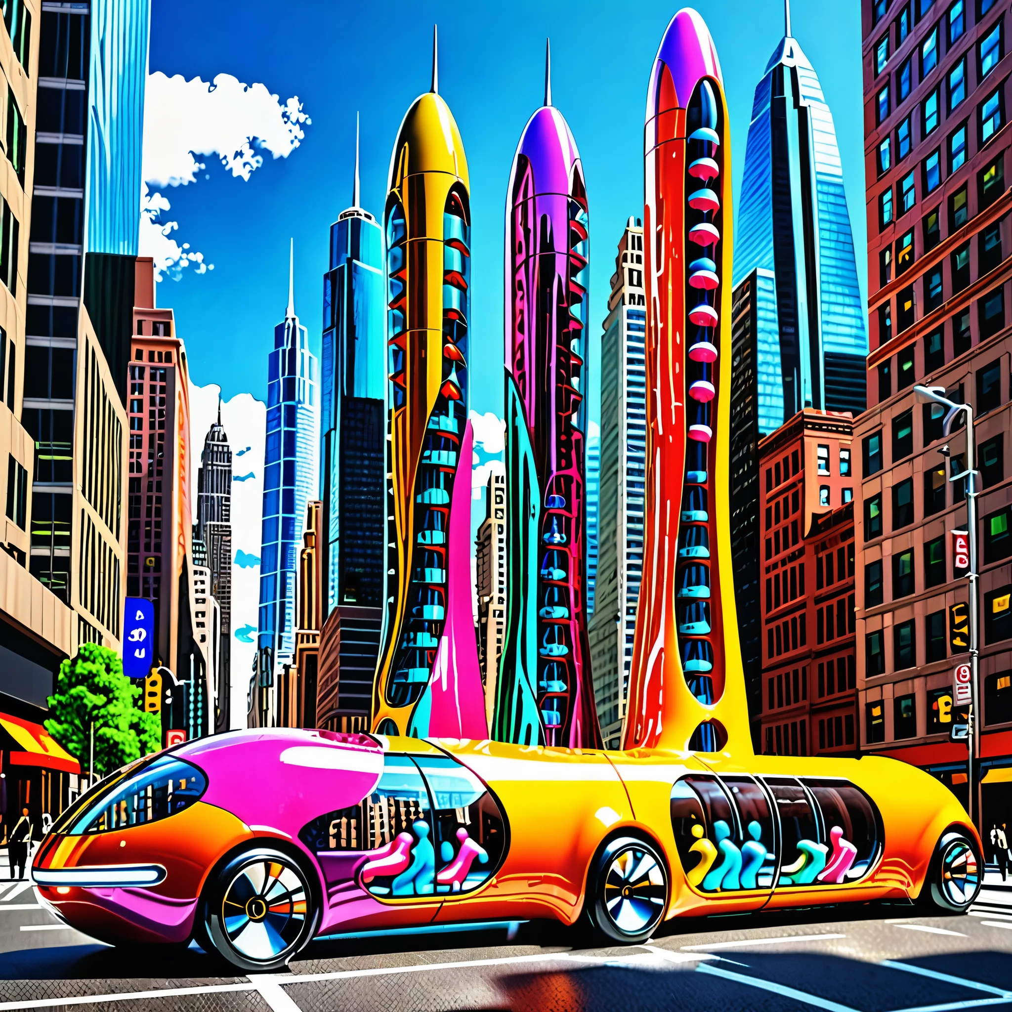 A great futuristic metropolitan made of glass and steel where tall buildings are shaped liked dildos and vehicles are individual sperm with wheels and windows moving down the streets. Tunnels look like vaginas. Hyper realistic, vibrant colors, 16k