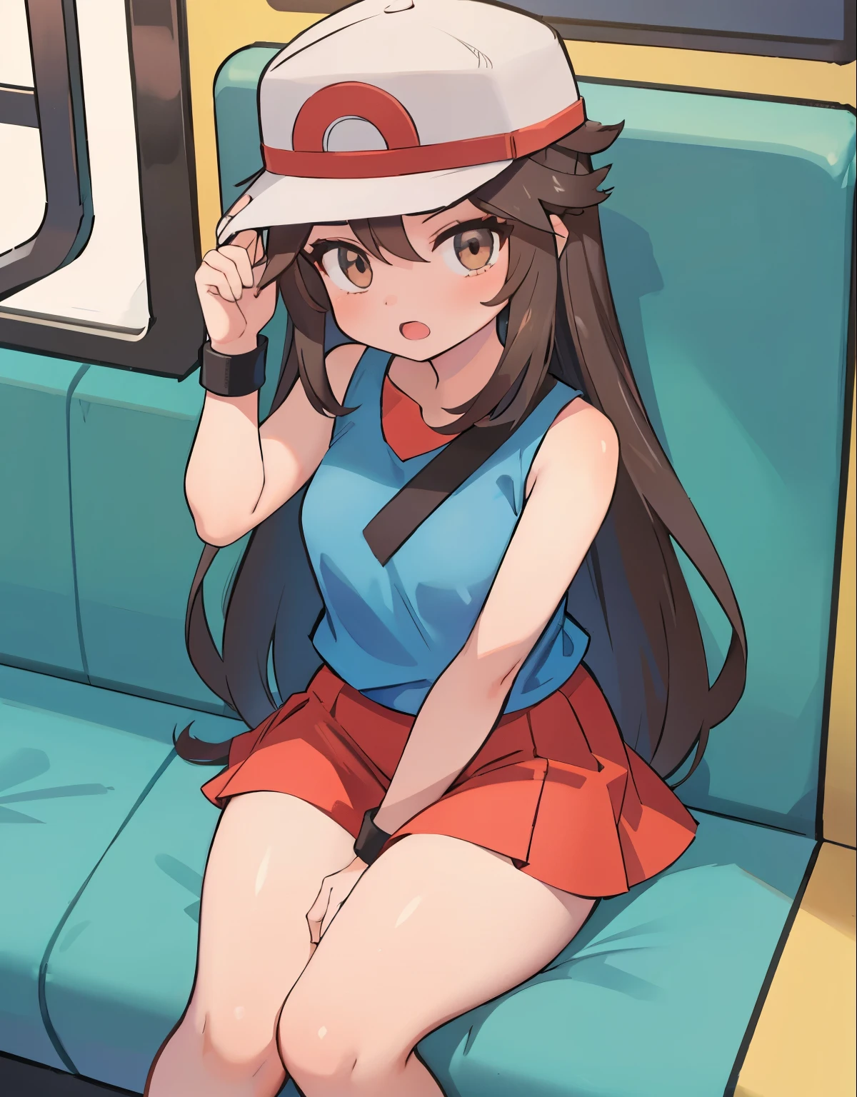 (best quality,4k,8k,highres,masterpiece:1.2),ultra-detailed,(realistic,photorealistic,photo-realistic:1.37)highres,portrait,beautiful girl, ultra-detailed, realistic:1.37, sketches, 1trainerleaf1, full body, sleeveless shirt, black wristbands, visible thighs,sitting,red skirt,blue shirt, loose socks, white footwear,sexy pose,smile,upskirt,white panties,in a dark alley, brown hair, hat, brown eyes,beautiful detailed eyes,long lashes,beautiful eyes, anime style eyes, ahegao, perfect hands, dinamic pose, loved look, open mouth, smile, encanto femenino, pokeballs, pokeballs on floor, night city, bukkake, cum on face, cry, crying with open eyes, bra lift,  nipples, 