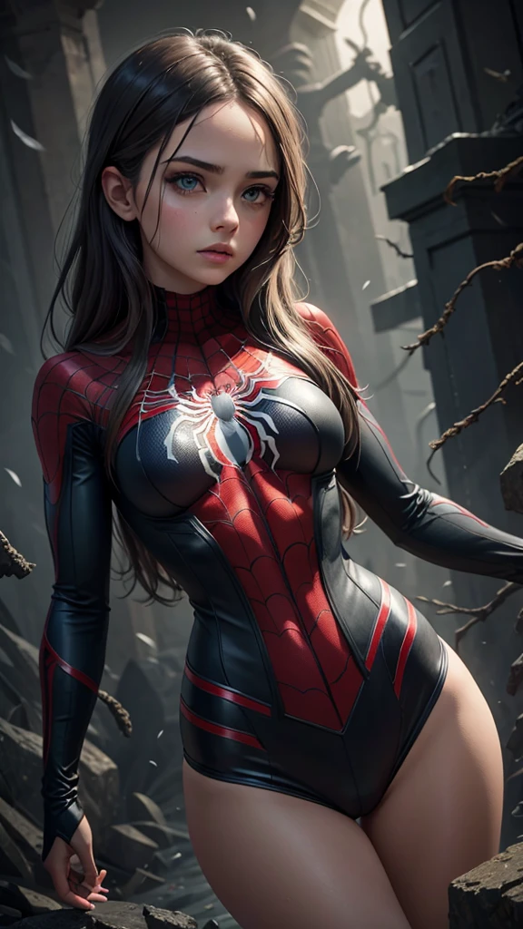 A girl wearing a Spider-Man costume, surrounded by ghostly spider webs, in a dark and eerie atmosphere, detailed and realistic, cinematic lighting, dramatic colors, muted tones, moody atmosphere