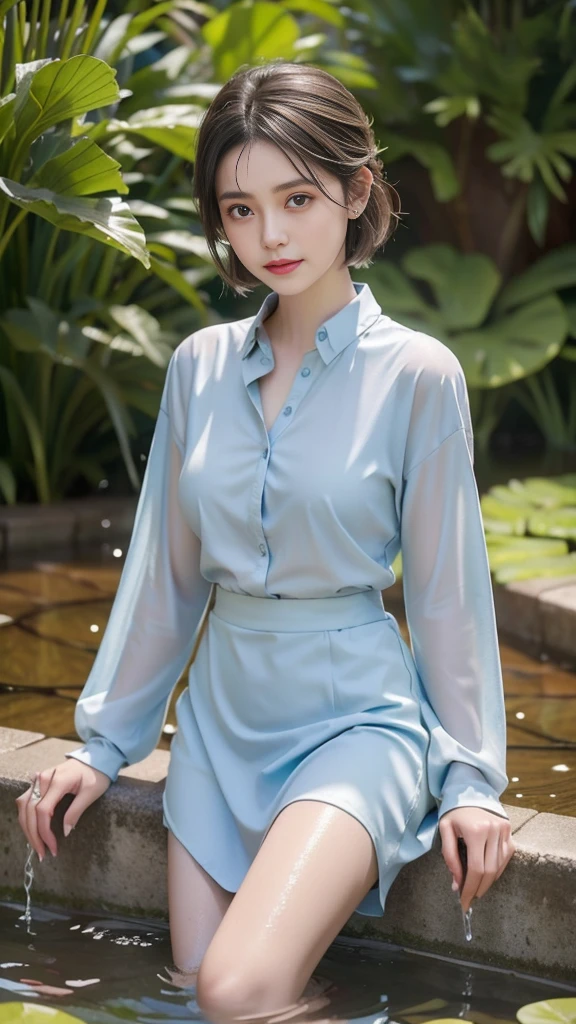 Woman in playing with water in backyard, ((fully clothed)), hippie fashion, tight long sleeved buttoned shirt, skirt, jewelry, beads, closeup fantasy with water magic, housewife, short tinted hair in a bob, slim stature, bright sunshine, summery palette, playful, gentle smile, clothes made of water, photorealistic, dripping wet, beautiful realistic photo, hyperrealistic fantasy photo, close up, narrow depth of field, 8k, ((drenched)), ((soaked)), (dripping water), dripping oil, heavy clothes, soaked in oil, medium breasts, lawn, wet all over, wet dripping hair, varied poses, in a pond