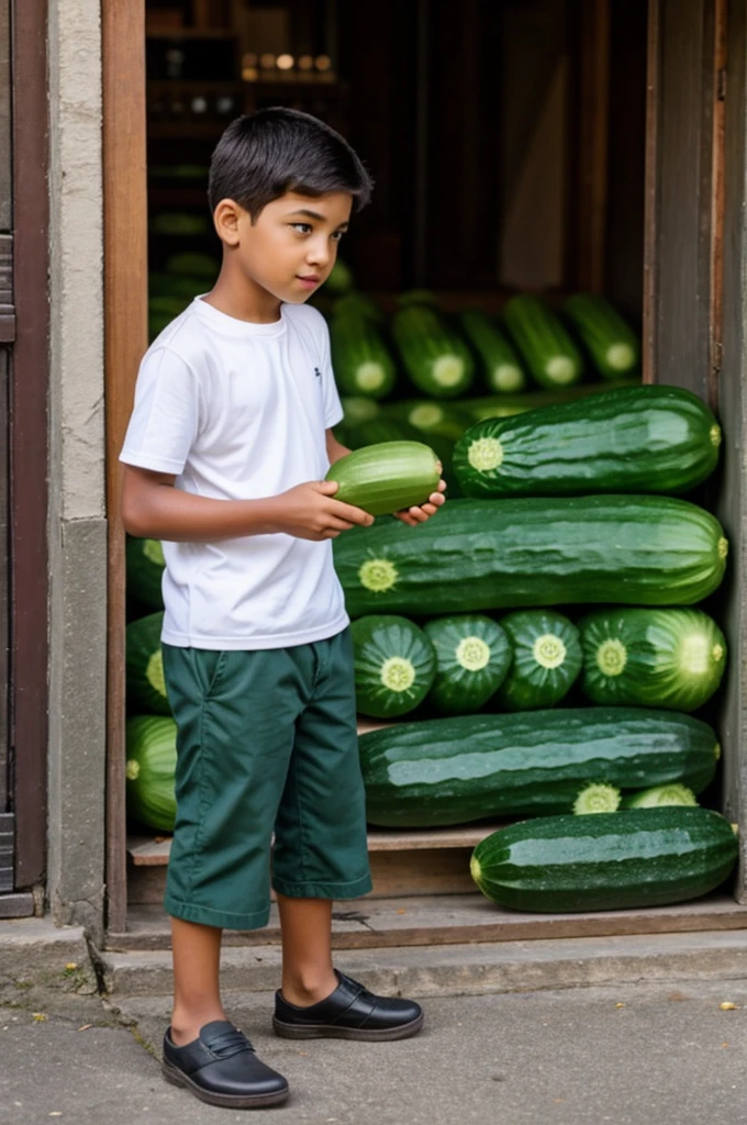 a child on his back, carrying a whole watermelon on his head down a village street