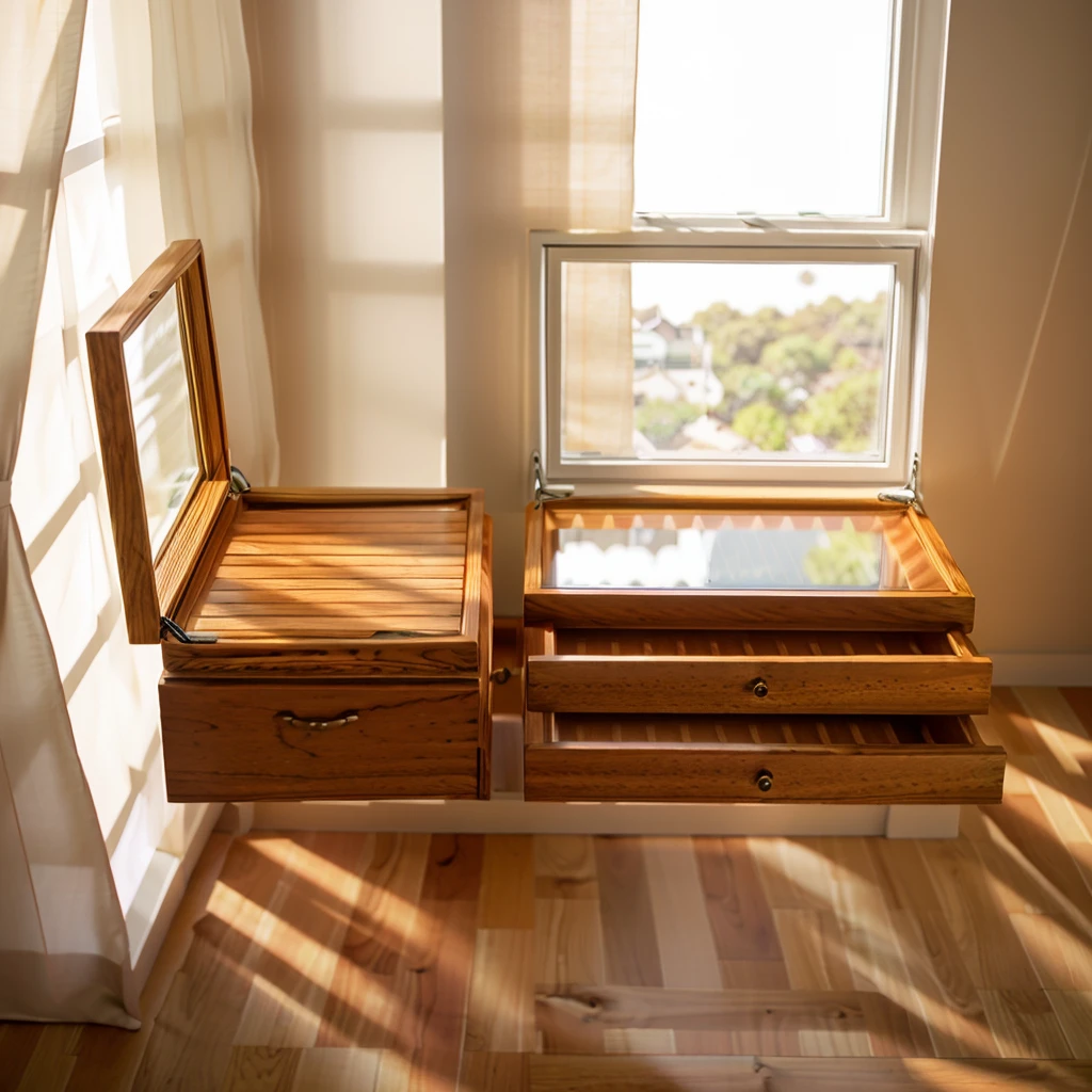 In this cozy room,A ray of sunlight shone on the table through the half-drawn curtains,Let the wood grain on the watch storage case shine with a faint sheen。There is a calm and serene atmosphere in the surrounding air。Several still lifes hang on the walls of the room,It adds a touch of elegance to the space。And on the other side of the room,A half-open window lets the breeze blow in,The pages on the small desk by the window flipped in the wind,This quiet scene gives a sense of tranquility and comfort。