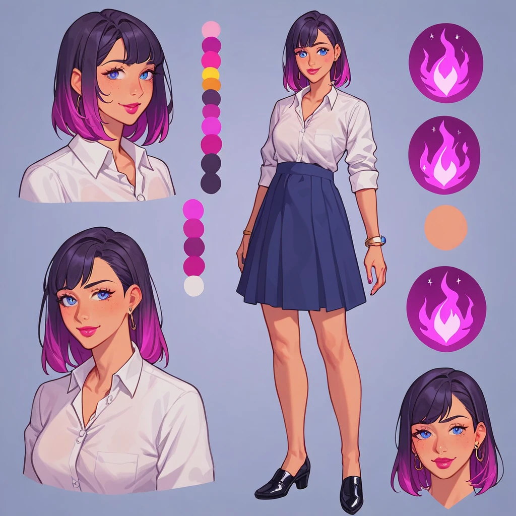 score_9, score_8_up, score_7_up, score_6_up, score_5_up, score_4_up, BREAK source_anime, 1girl, Gradient hair, Purple aura, plum, Creative design, full body, Reference sheet, Character sheet