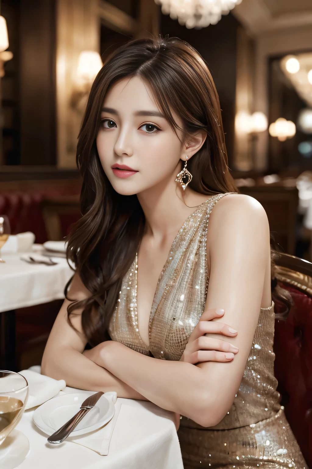 masterpiece, Highest quality, Realistic, Very detailed, Finer details, High resolution, 8k wallpaper, One beautiful woman,Wear a nice suit, In a great restaurant, At night, Light brown messy hair, Perfect dynamic composition, Beautiful and beautiful eyes、Big earrings、Sit on a chair