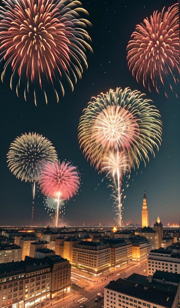 A grand New Year countdown event in a city square with fireworks lighting up the night sky