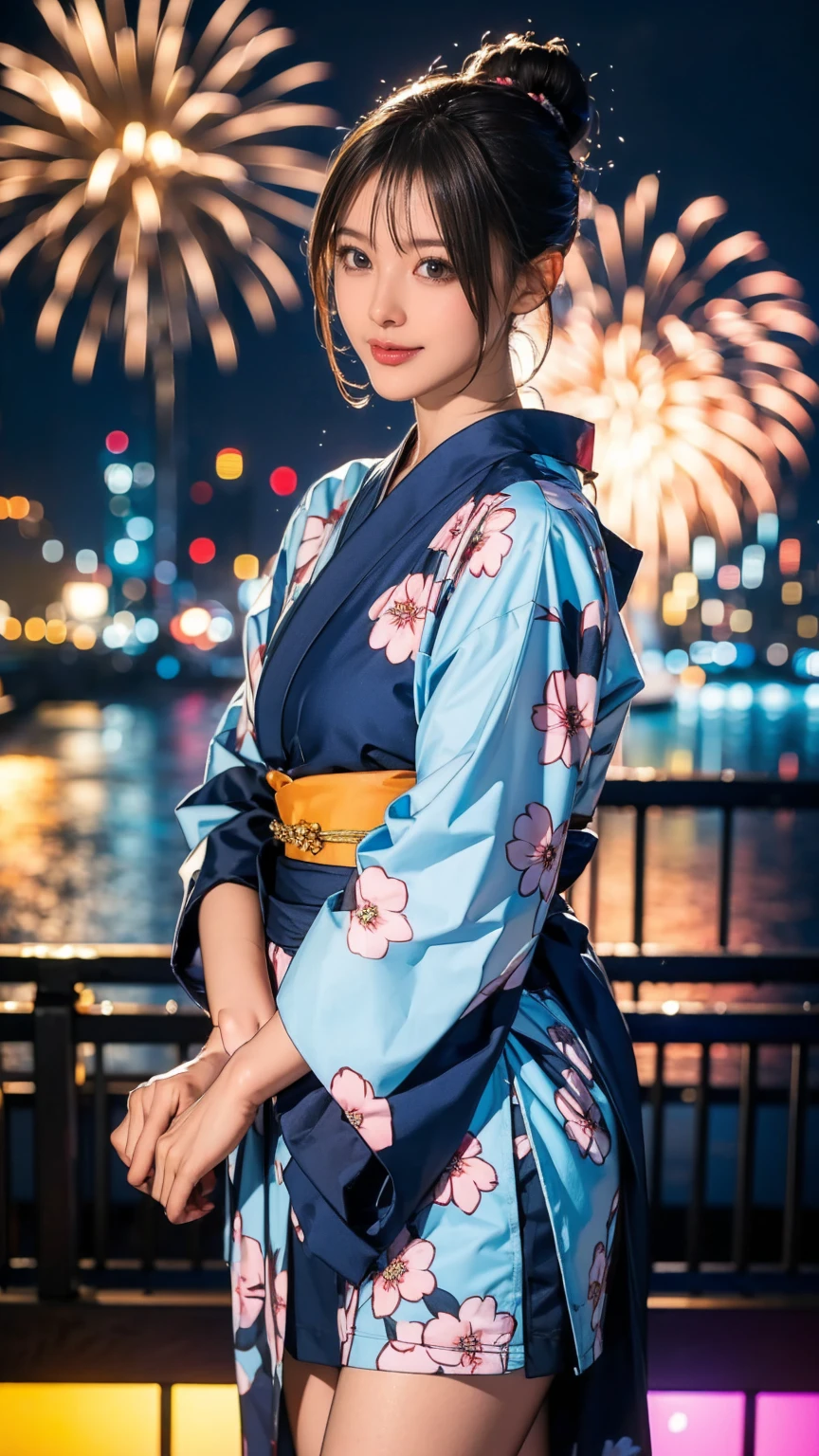 ((masterpiece)),(((Highest quality))),((Character design sheet)),A Japanese yukata with a bright floral and flower pattern in a combination of light blue and navy blue.:1.5，Stylish sandals:1.5，The best smile:1.5，Upper Body Shot:1.5，Night fireworks background:1.5，Flashy makeup with red eyeshadow:1.5，Bun Hair:1.5，