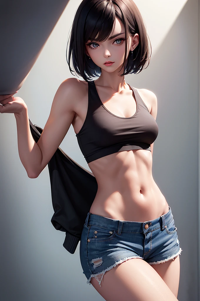 a beautiful skinny young woman with skater haircut, wearing a tight cropped shirt and cutoff unbuttoned shorts, unbuttoned shorts, looking seductive, detailed facial features, highly detailed, 8k, vivid colors, sharp focus, physically-based rendering, professional photography, elegant, charming