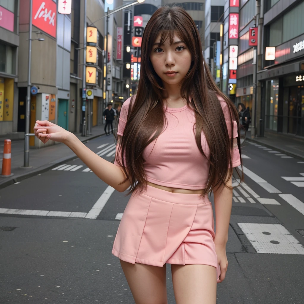 Close up,1 girl,solo, random post,(((Aimi Rin))) ,long hair, wear a tight pink suit, tight skirt ,(short skirt),looking at camera,25 years old, in the Tokyo city