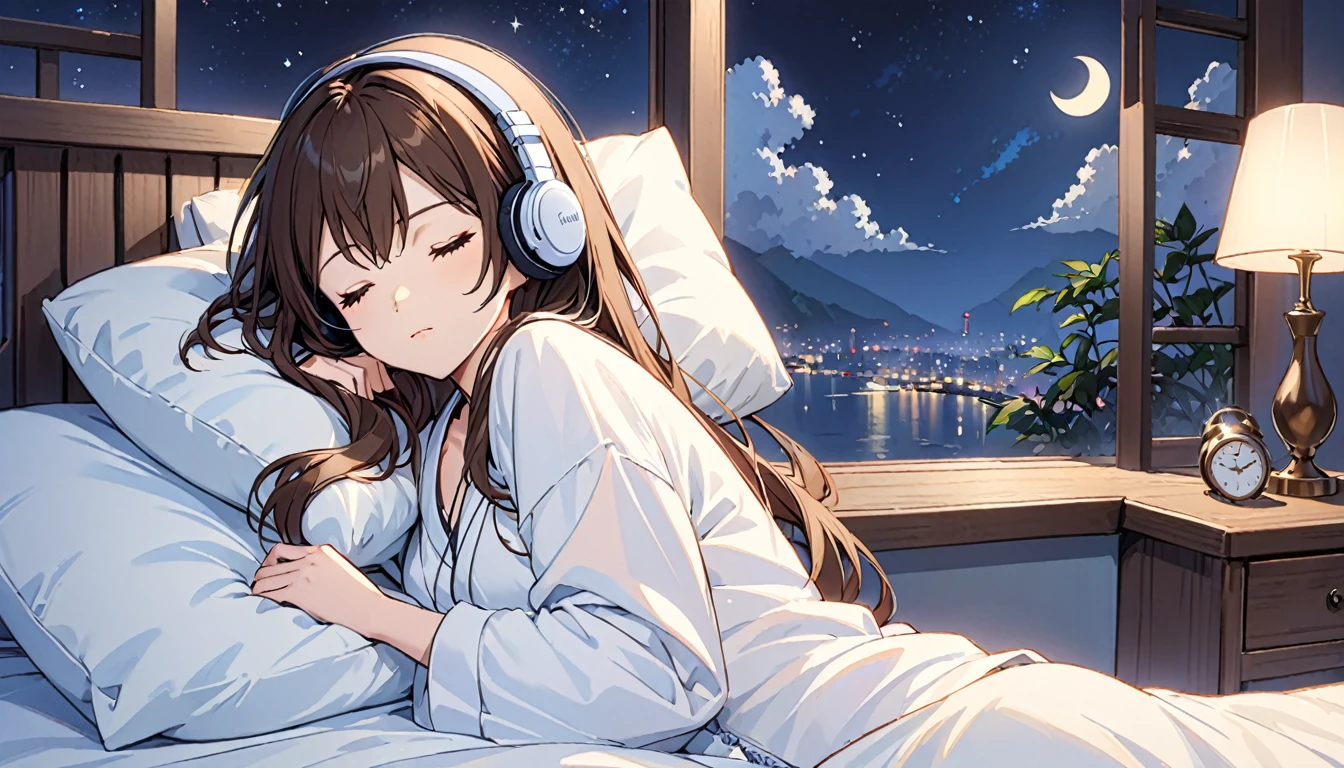 Girl wearing headphones,Relaxing and sleeping in bed,Brown Hair,One girl,Eyes closed,The background is night