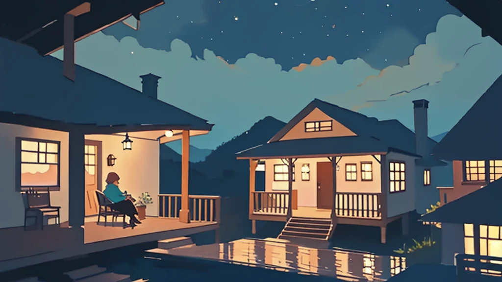 a girl sitting on a porch with a fox, with a view of the night sky