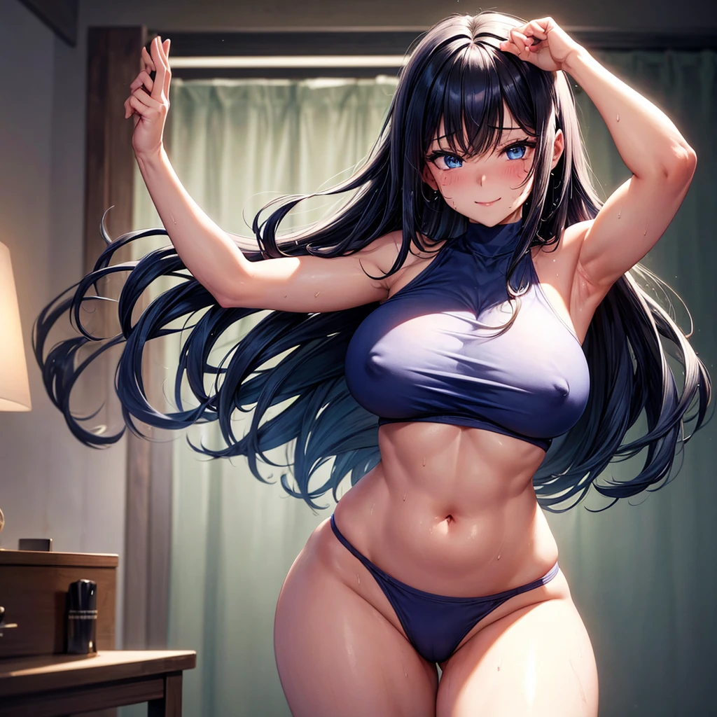 1girl solo, bedroom, crop top, visible bottom of the  except for , looking at viewer, bratty girl, perfect beautiful girl, dark blue hair, red and blue eyes, small nose, plump soft lips, sweating, large , confidence, beautiful perfect girl, dominant, long hair, fit body, small waist, cute belly, visible torso, big , big thighs and , voluminous hair, big hair, long hair, unbothered face, sweating so much, visible sweat running Through her body and face, tired happy face, hot, heat, thigh short which is soaked with sweat, smiling, impressive big enormous , only half body picture