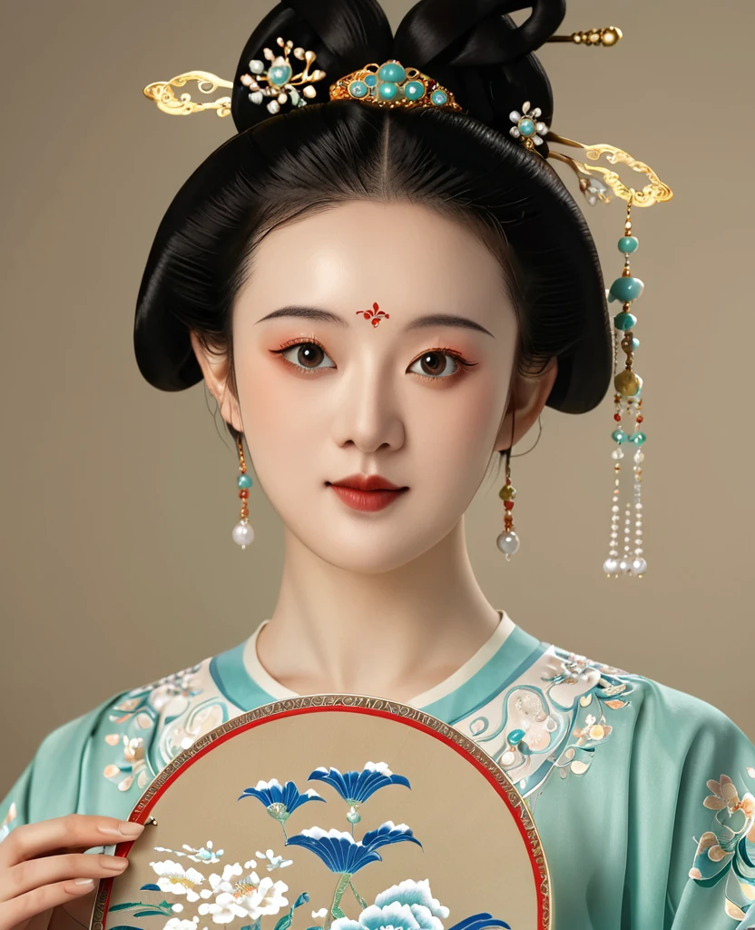 a beautiful young chinese girl in traditional song dynasty imperial court attire, symmetrical facial features, round face, bright eyes, smooth porcelain skin, holding an elegant chinese hand fan, clean background, (best quality,4k,8k,highres,masterpiece:1.2),ultra-detailed,(realistic,photorealistic,photo-realistic:1.37),intricate details,exquisite,elegant,refined,breathtaking,mesmerizing,magnificent